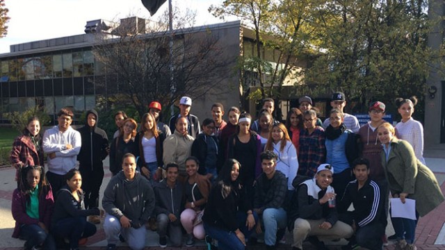 Students from Eastiside High School's ASPIRA Club pose for picture while on tour of Kean University.
