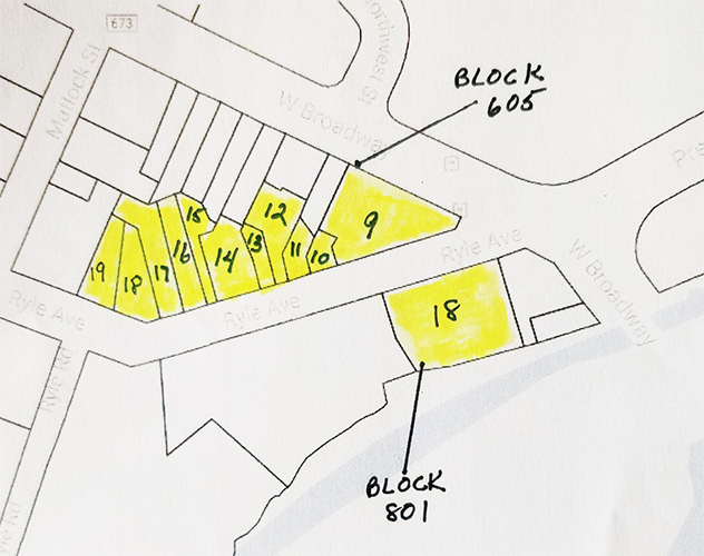 The graphic shows properties, blocks and lots, the city is in process of acquiring.