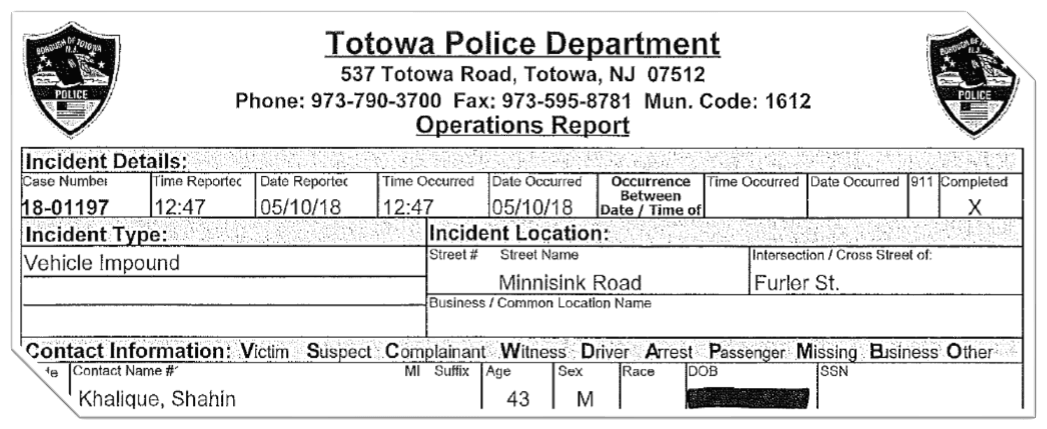 Totowa Police report of incident involving Khalique.